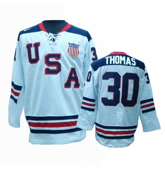 Men's Nike Team USA #30 Tim Thomas Premier White 1960 Throwback Olympic Hockey Jersey