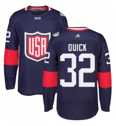 Men's Adidas Team USA #32 Jonathan Quick Premier Navy Blue Away 2016 World Cup Ice Hockey Jersey