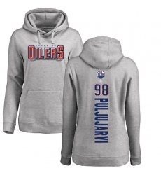 NHL Women's Adidas Edmonton Oilers #98 Jesse Puljujarvi Ash Backer Pullover Hoodie
