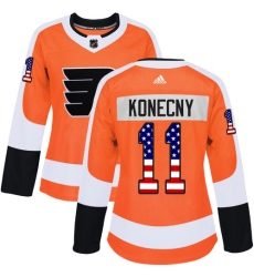 Women's Adidas Philadelphia Flyers #11 Travis Konecny Authentic Orange USA Flag Fashion NHL Jersey