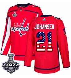 Men's Adidas Washington Capitals #21 Lucas Johansen Authentic Red USA Flag Fashion 2018 Stanley Cup Final NHL Jersey