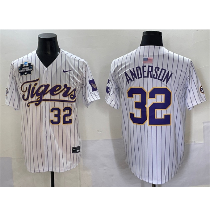 Men's LSU Tigers #32 Kade Anderson White Pinstripe 2025 World Series & SEC Patch Stitched Baseball Jersey