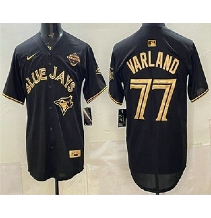 Men's Toronto Blue Jays #77 Louis Varland Black Gold 2025 American League Champions Limited Jersey