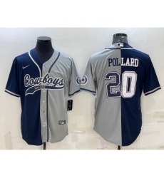 Men's Dallas Cowboys #20 Tony Pollard Navy Grey Split With Patch Cool Base Stitched Baseball Jersey