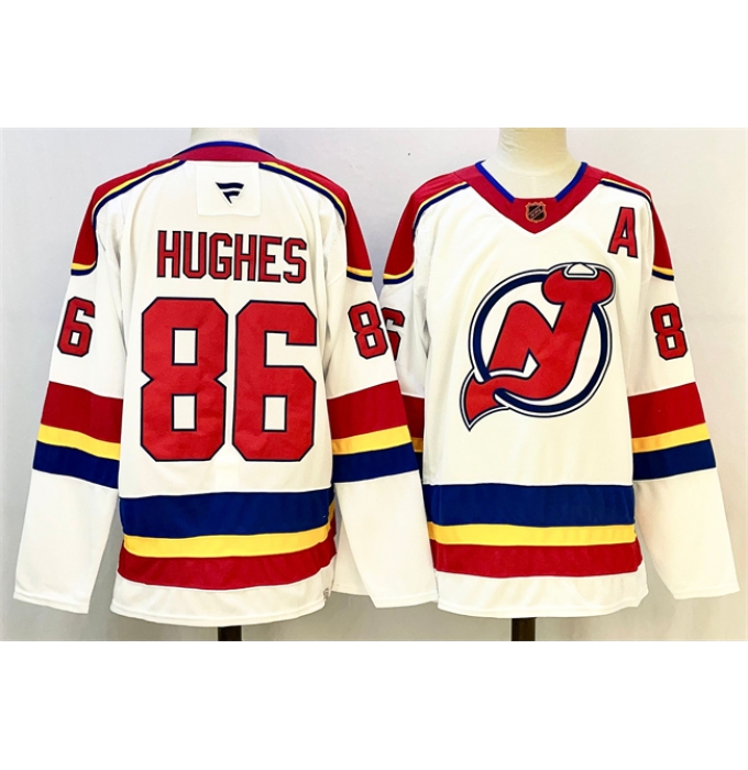 Men's New Jersey Devils #86 Jack Hughes White Red 2024-25 With A Stitched Hockey Jersey