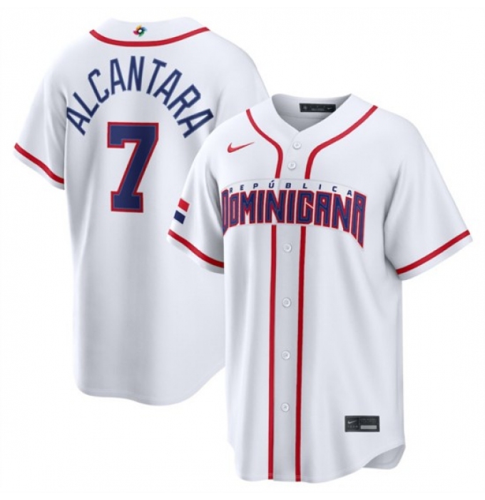 Men's Dominican Republic Baseball #7 Sandy Alcantara White 2026 World Baseball Classic Home Stadium Stitched Jersey