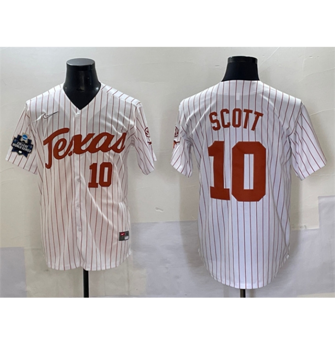 Men's Texas Longhorns #10 Mia Scott White Pinstripe 2025 World Series & SEC Patch Stitched Jersey
