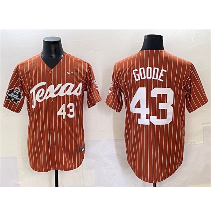 Men's Texas Longhorns #43 Leighann Goode Orange Pinstripe 2025 World Series & SEC Patch Stitched Jersey