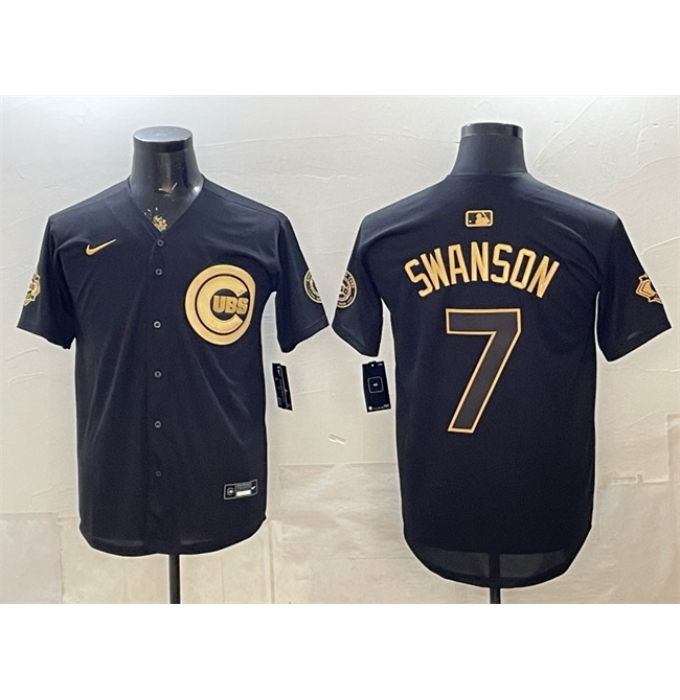 Men's Chicago Cubs #7 Dansby Swanson Black Gold 150th Anniversary Stitched Baseball Jersey