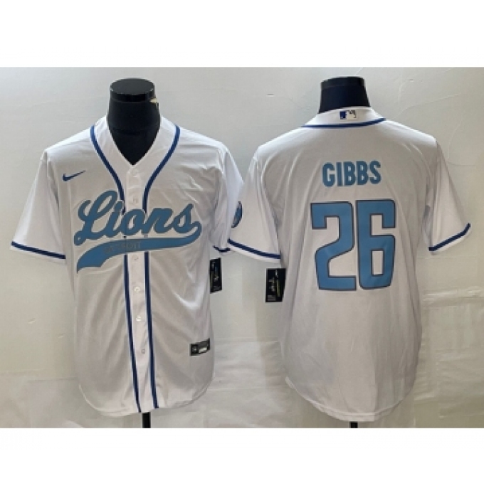 Men's Nike Detroit Lions #26 Jahmyr Gibbs White Cool Base Stitched Baseball Jersey