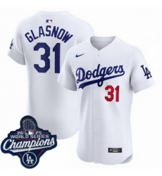 Men's Los Angeles Dodgers 31 Tyler Glasnow Cool Base 2025 World Champions Stitched Baseball Jersey White
