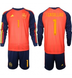 Men's Spain #1 I.CASILLAS National Team FIFA x World Cup 2026 Long Sleeve Home Red On Field Jerseys