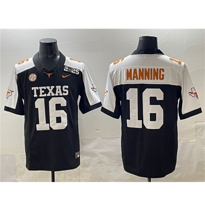 Men's Texas Longhorns #16 Peyton Manning Black F.U.S.E. 2025 CFP Final With SEC Patch Stitched Jersey