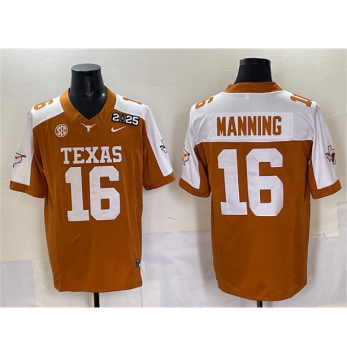 Men's Texas Longhorns #16 Peyton Manning Orange 2025 CFP Final With SEC Patch Stitched Jersey
