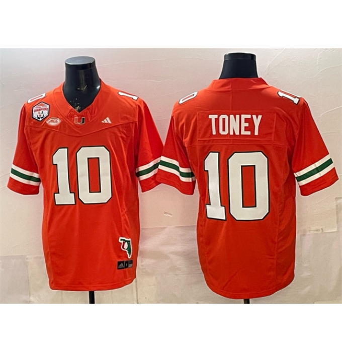 Men's Miami Hurricanes #10 Malachi Toney Orange F.U.S.E. Fiesta Bowl Champions & Florida Patch Stitched Football Jersey