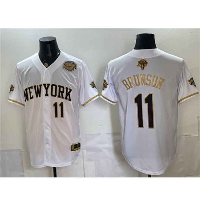 Men's New York Knicks #11 Jalen Brunson White Gold 2026 Finals & Eastern Conference Champions Stitched Baseball Jersey