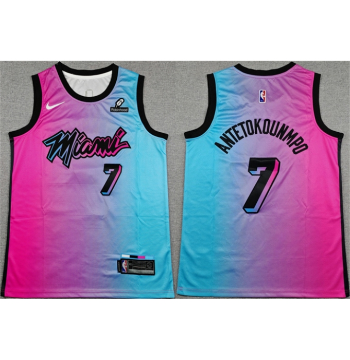 Men's Miami Heat #7 Giannis Antetokounmpo Blue Pink City Edition Stitched Basketball Jersey