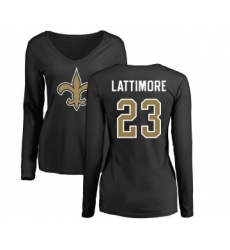 Football Women's New Orleans Saints #23 Marshon Lattimore Black Name & Number Logo Slim Fit Long Sleeve T-Shirt