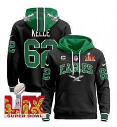 Men's Philadelphia Eagles #62 Jason Kelce Black 2025 Super Bowl LIX With 4-Star C Patch Pullover Stitched Hoodie