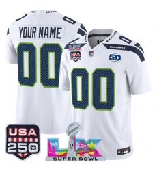Men's Seattle Seahawks Active Player Custom White 2025 F.U.S.E. Super Bowl LX & US 250th anniversary Patch And 50th Season Patch Vapor Limited Football Sti