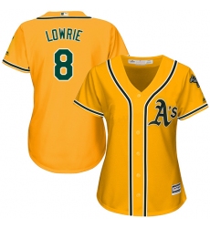 Women's Majestic Oakland Athletics #8 Jed Lowrie Replica Gold Alternate 2 Cool Base MLB Jersey