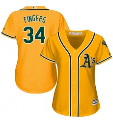 Women's Majestic Oakland Athletics #34 Rollie Fingers Replica Gold Alternate 2 Cool Base MLB Jersey