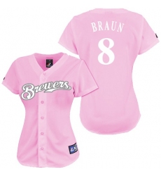 Women's Majestic Milwaukee Brewers #8 Ryan Braun Replica Pink Fashion MLB Jersey