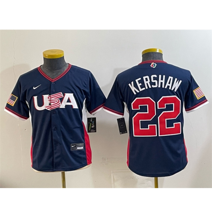 Youth USA Baseball #22 Clayton Kershaw Navy 2026 World Baseball Classic Stadium Stitched Baseball Jersey
