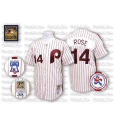 Men's Mitchell and Ness Philadelphia Phillies #14 Pete Rose Replica White/Red Strip Throwback MLB Jersey