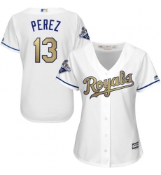 Women's Majestic Kansas City Royals #13 Salvador Perez Authentic White 2015 World Series Champions Gold Program Cool Base MLB Jersey