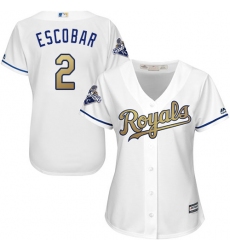 Women's Majestic Kansas City Royals #2 Alcides Escobar Authentic White 2015 World Series Champions Gold Program Cool Base MLB Jersey