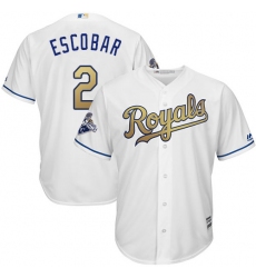 Youth Majestic Kansas City Royals #2 Alcides Escobar Authentic White 2015 World Series Champions Gold Program Cool Base MLB Jersey