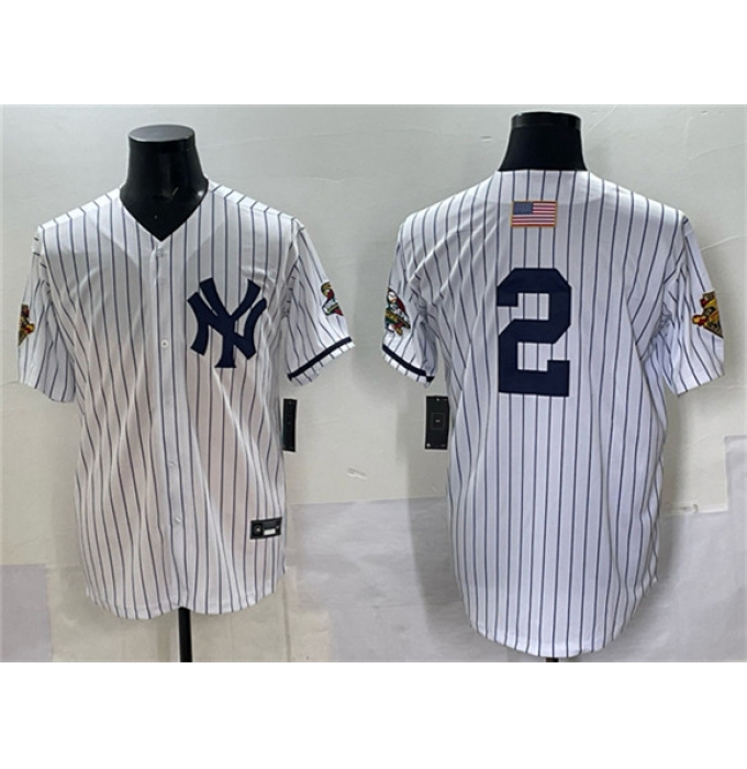 Men's New York Yankees #2 Derek Jeter White Strip World Series Limited Stitched Baseball Jersey
