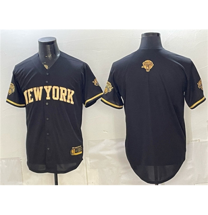 Men's New York Knicks Blank Black Gold 2026 Finals Stitched Baseball Jersey