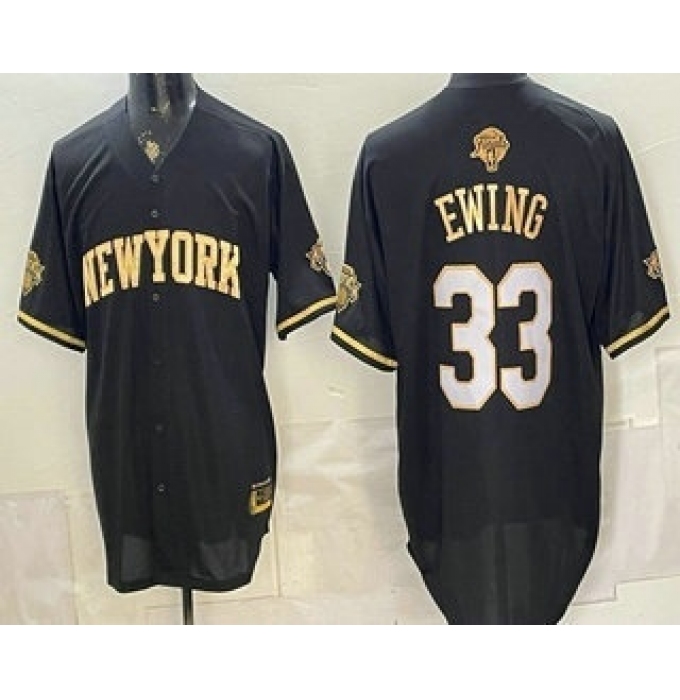 Men's New York Knicks #33 Patrick Ewing Black Gold 2026 Finals Stitched Baseball Jersey