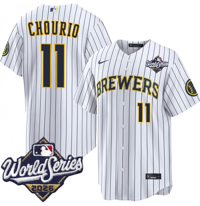 Men's Milwaukee Brewers #11 Jackson Chourio White 2026 World Series Stitched Baseball Jersey