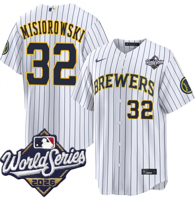 Men's Milwaukee Brewers #32 Jacob Misiorowski White 2026 World Series Stitched Baseball Jersey