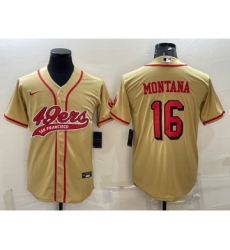 Men's San Francisco 49ers #16 Joe Montana Gold Color Rush With Patch Cool Base Stitched Baseball Jersey