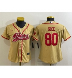 Women's San Francisco 49ers #80 Jerry Rice Gold With Patch Cool Base Stitched Baseball Jersey