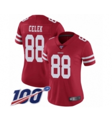 Women's San Francisco 49ers #88 Garrett Celek Red Team Color Vapor Untouchable Limited Player 100th Season Football Jersey