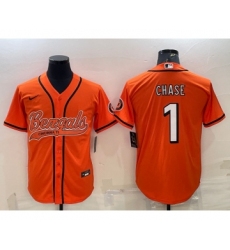Men's Cincinnati Bengals #1 JaMarr Chase Orange With Patch Cool Base Stitched Baseball Jersey